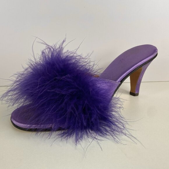 Vtg 50s 60s Marabou Feather Satin Boudoir Heels Sz 6.5-7 Peep Toe Sandals Pin Up - Picture 1 of 9